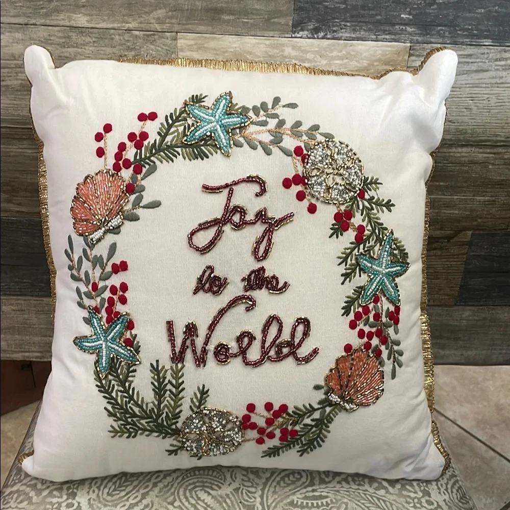 Embroidered beaded Pillow shells, sea-stars, sand dollar Wreath Joy to the World
